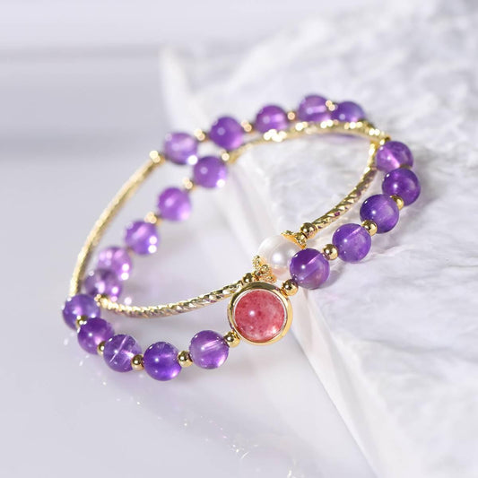 Premium Amethyst Double-Wrap Bracelet with Pearls & Strawberry Quartz