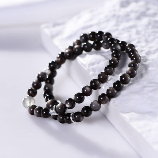 Premium Silver Obsidian & Grey Moonstone Double-Wrap Bracelet