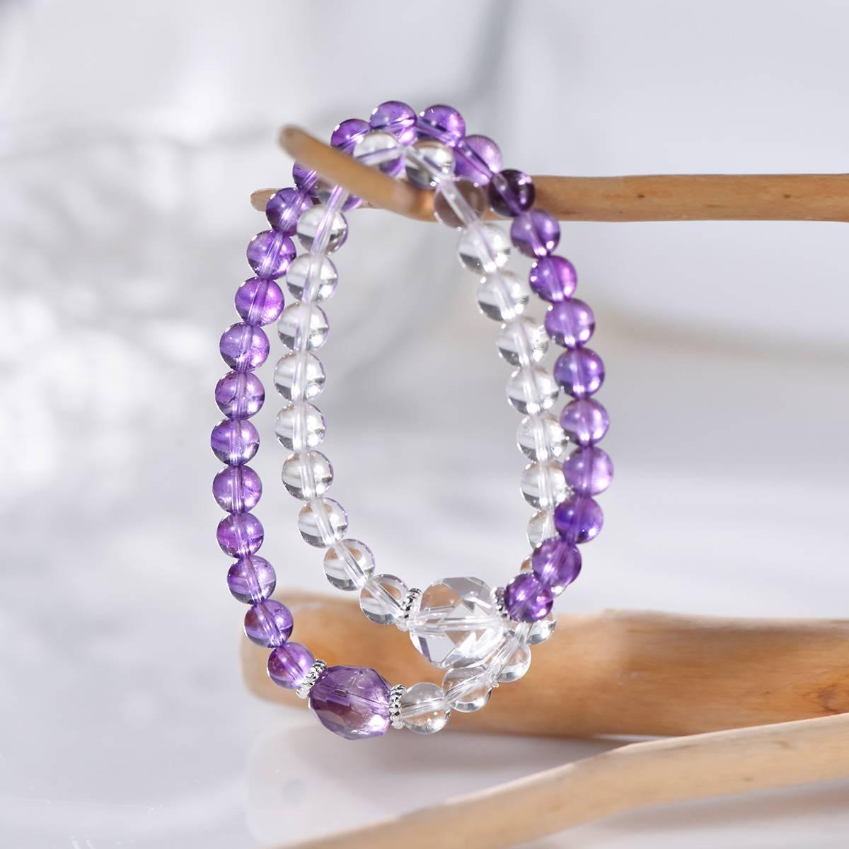 Premium White Quartz & Amethyst Faceted Double-Wrap Bracelet