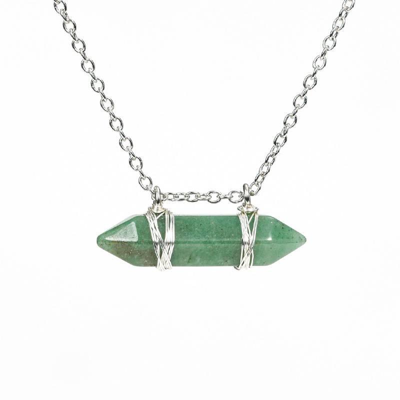 Natural Crystal Double-Pointed Wire-Wrapped Pendant Necklace - Horizontal Version