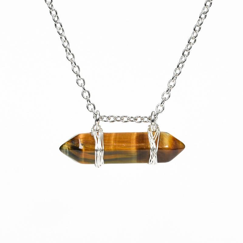 Natural Crystal Double-Pointed Wire-Wrapped Pendant Necklace - Horizontal Version