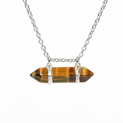 Natural Crystal Double-Pointed Wire-Wrapped Pendant Necklace - Horizontal Version