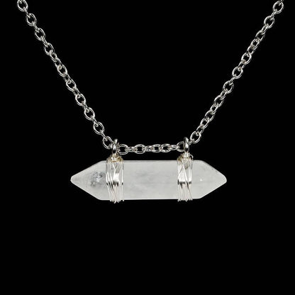 Natural Crystal Double-Pointed Wire-Wrapped Pendant Necklace - Horizontal Version